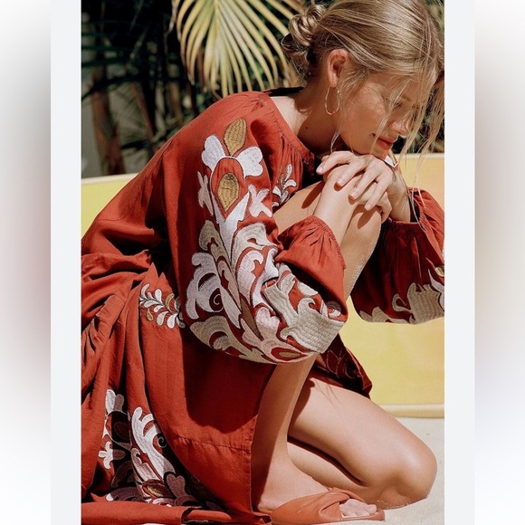 Anthropologie Dresses & Skirts - Anthropologie Boho Embroidered Rust Midi Dress | Puff Sleeve Ethnic Folk Style M